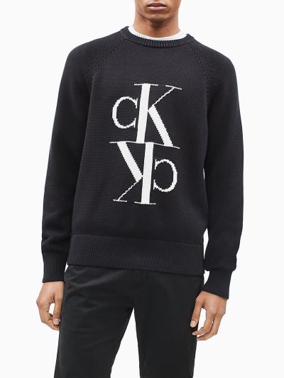 Calvin Klein Ruhák HU855626 | Calvin Klein Cotton Wool Monogram Férfi Pulóver Fekete